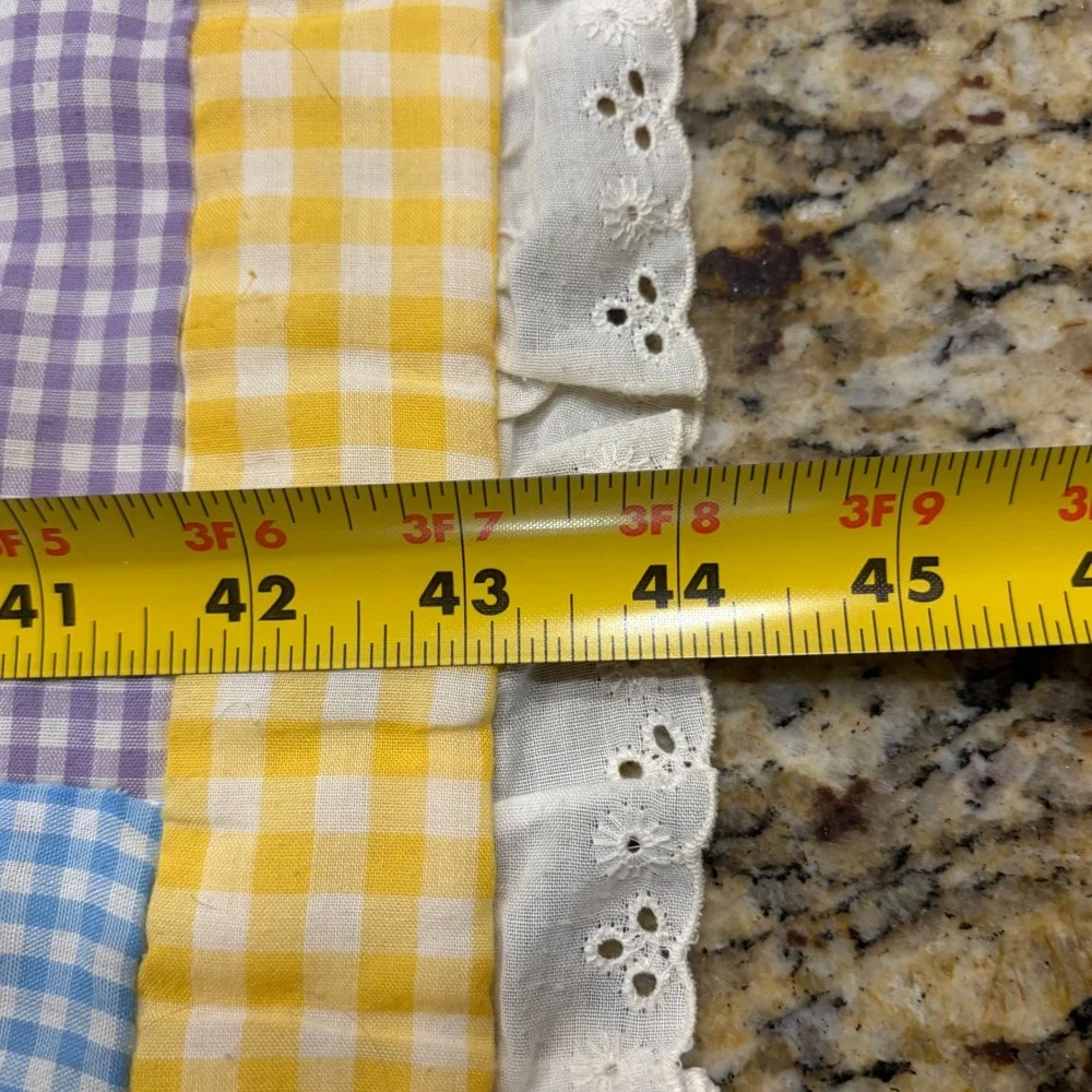 Vintage Handmade Baby Quilt Pastel Gingham Bunny Log Cabin Eyelet Trim 44x45